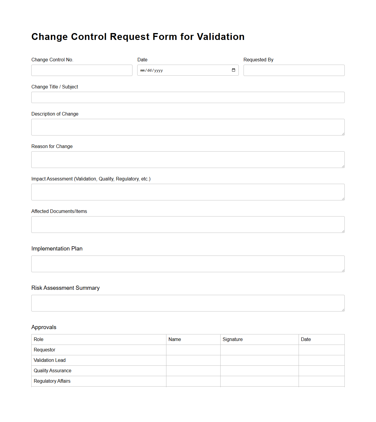 Change Control Request Form for Validation