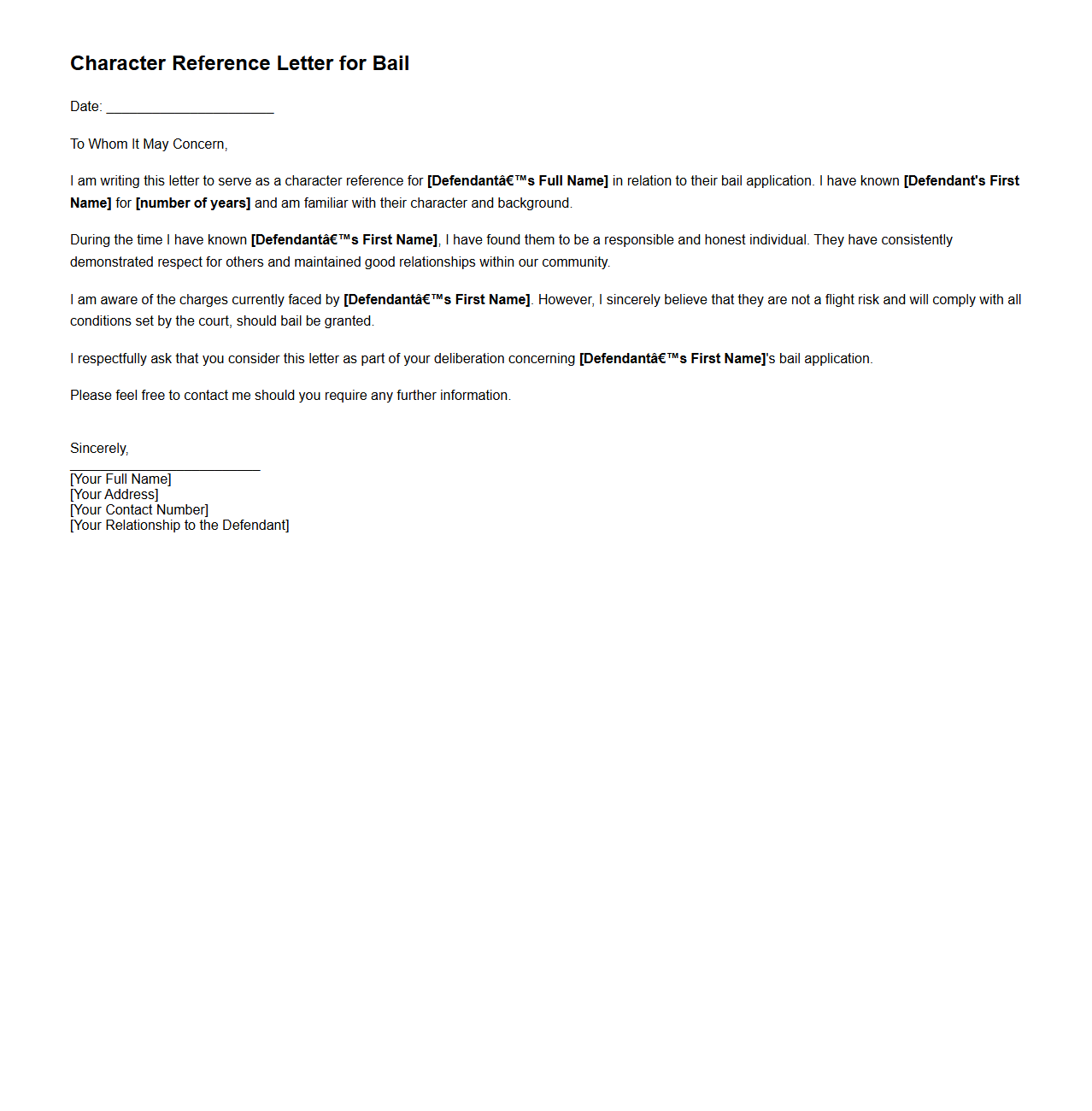 Character Reference Letter Example for Bail