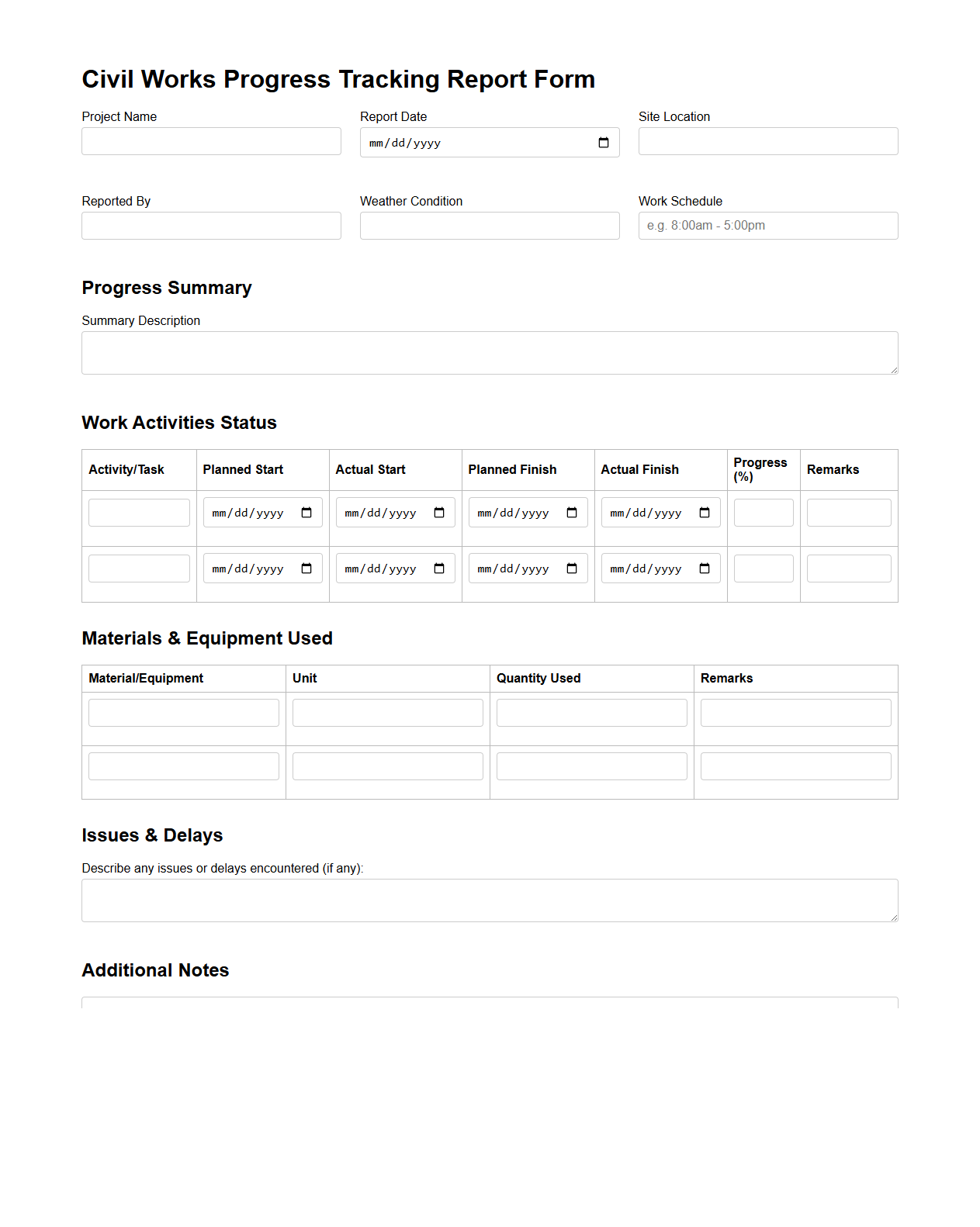 Civil Works Progress Tracking Report Form