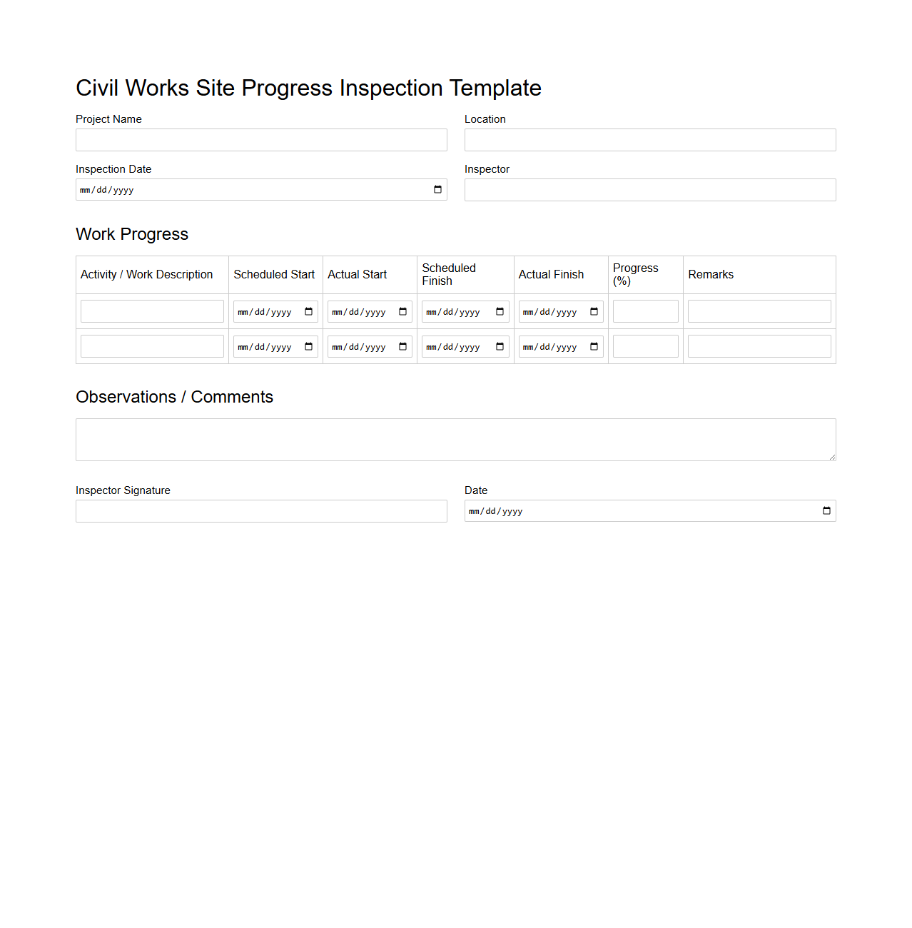 Civil Works Site Progress Inspection Template