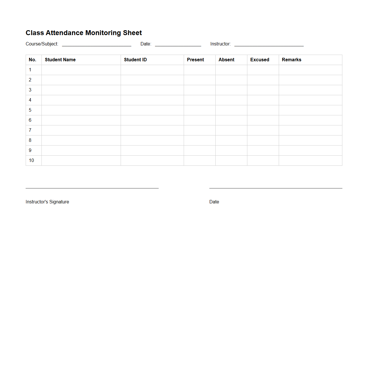 Class Attendance Monitoring Sheet