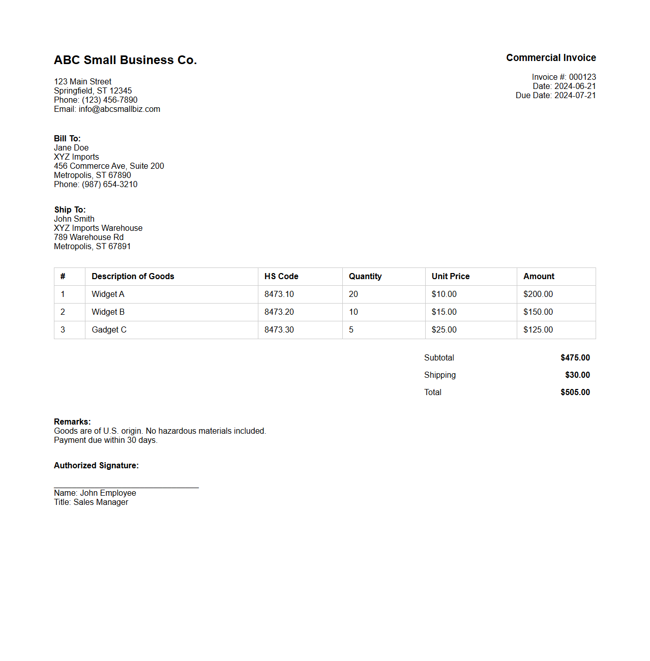 Commercial Invoice Sample for Small Businesses