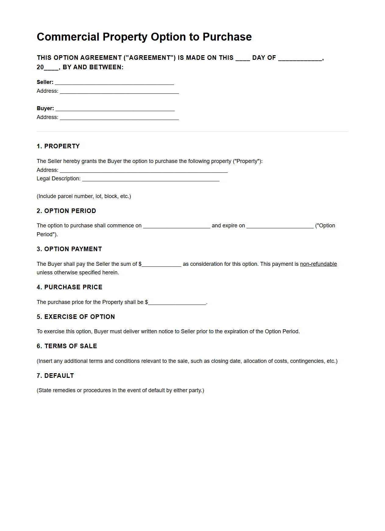 Commercial Property Option to Purchase Template