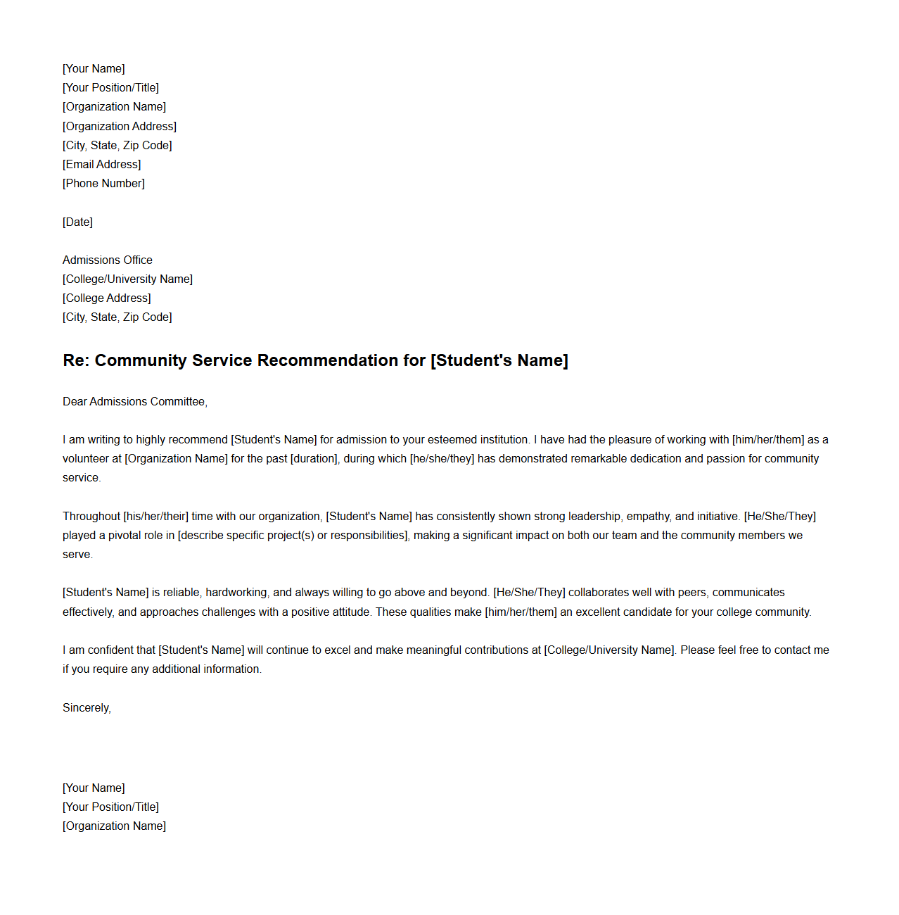 Community Service Recommendation Letter for College Admission