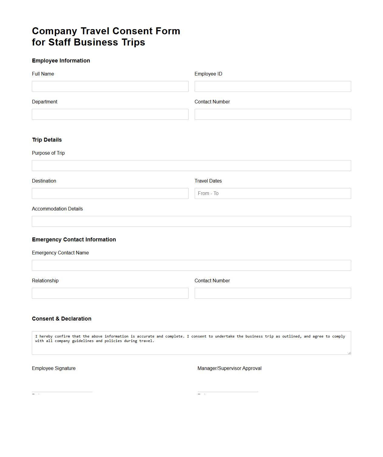 Company Travel Consent Form for Staff Business Trips