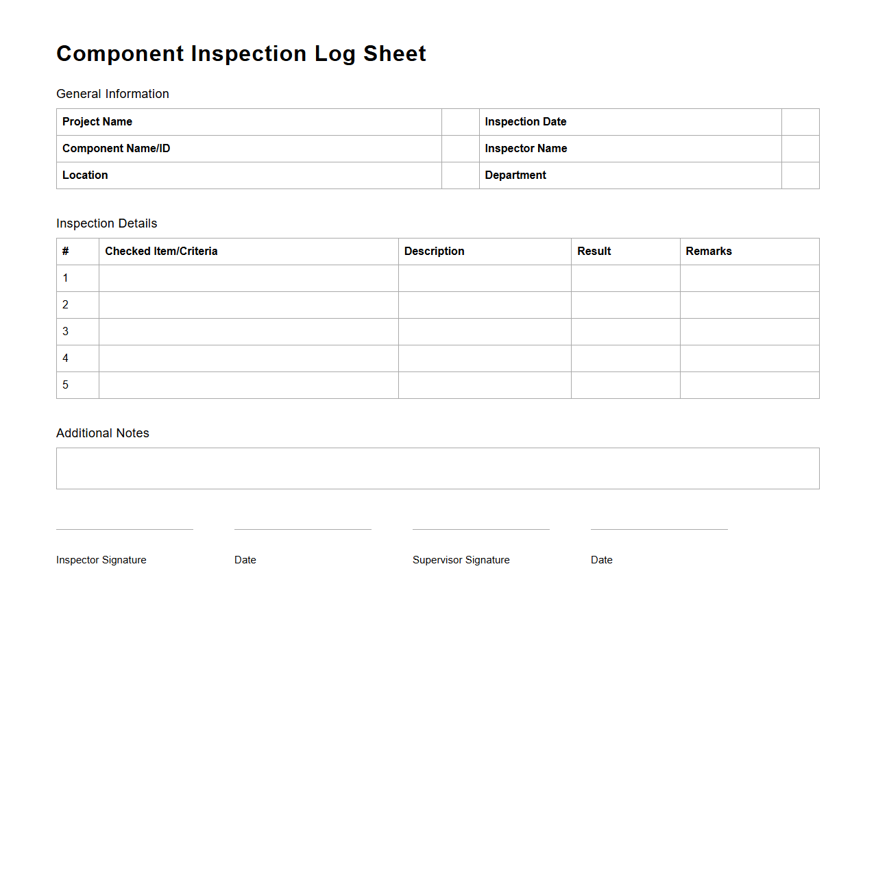 Component Inspection Log Sheet Sample