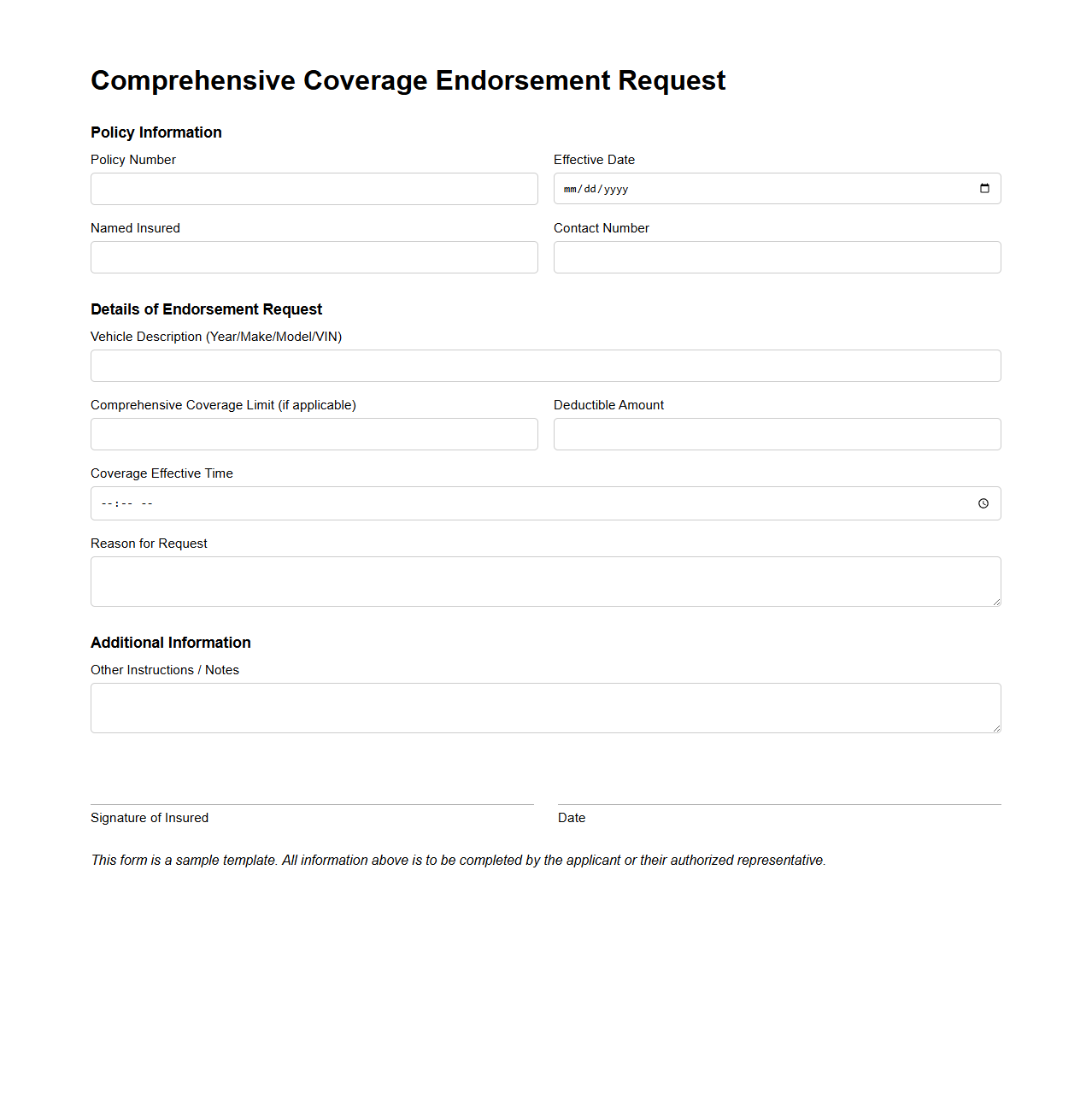 Comprehensive Coverage Endorsement Request