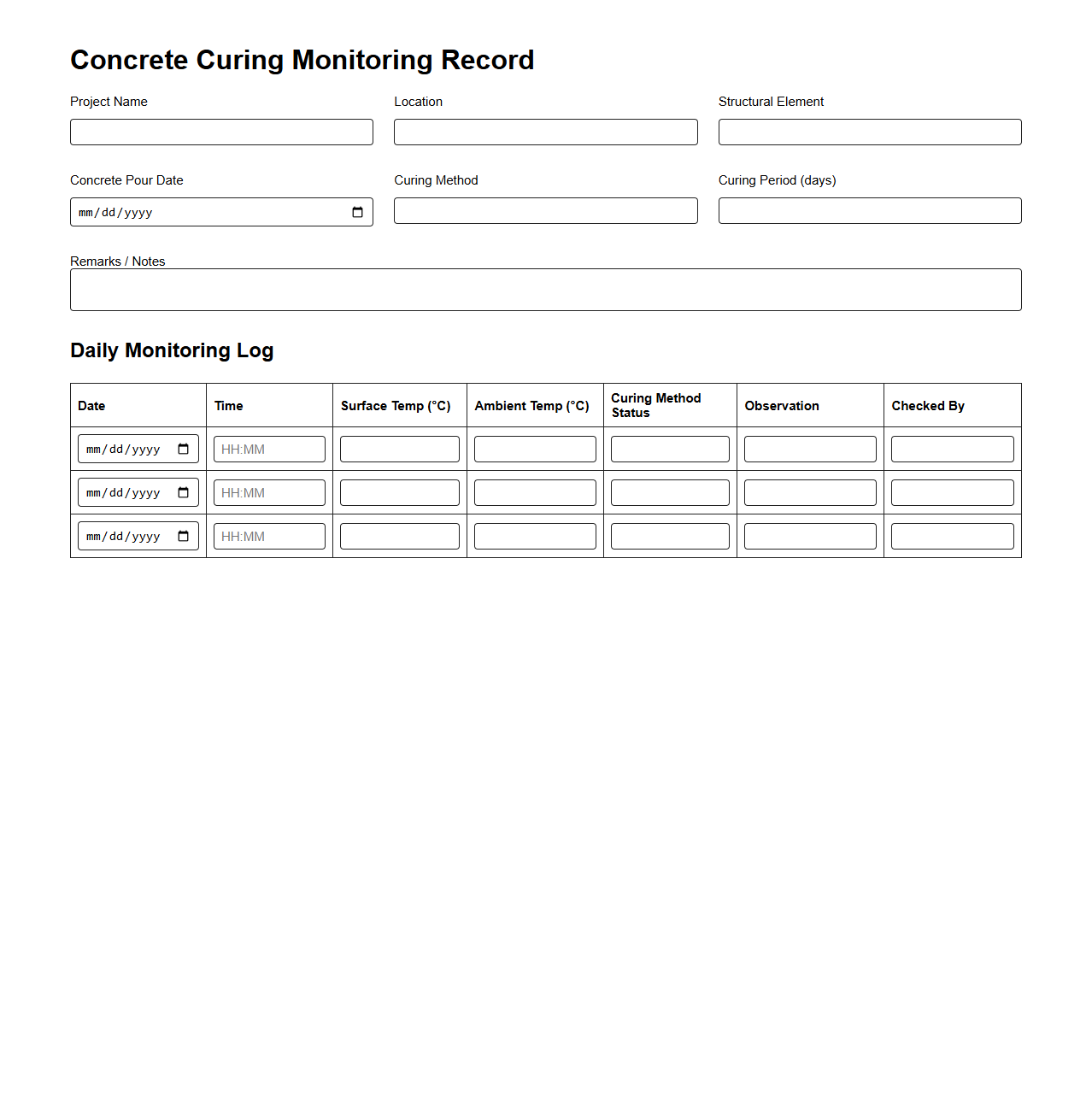 Concrete Curing Monitoring Record