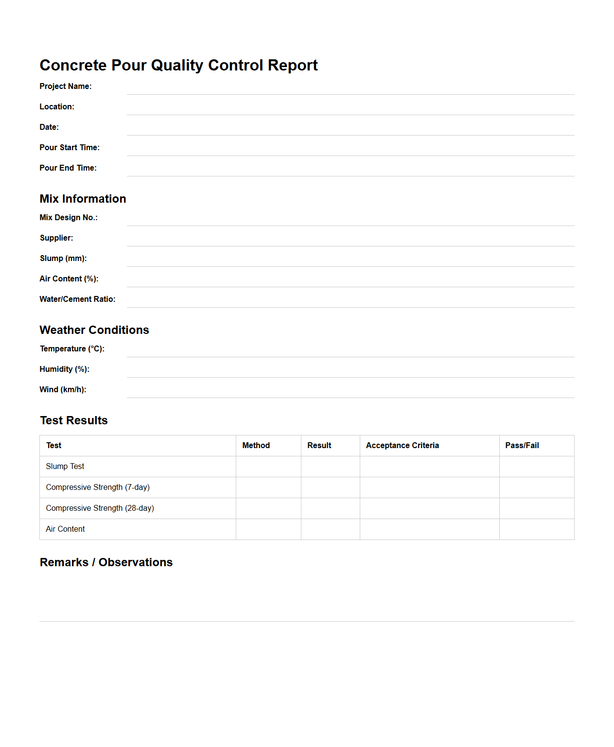 Concrete Pour Quality Control Report Sample