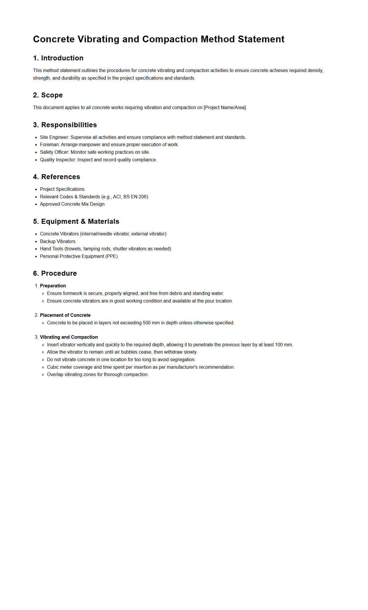 Concrete Vibrating and Compaction Method Statement