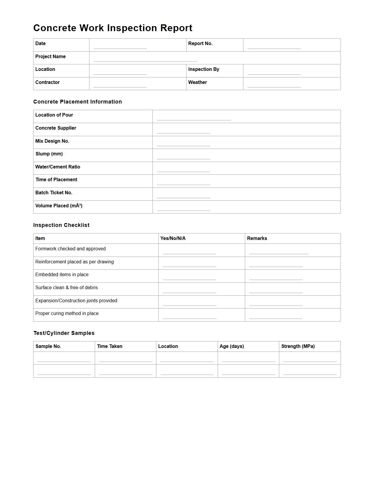 Concrete Work Inspection Report Sample