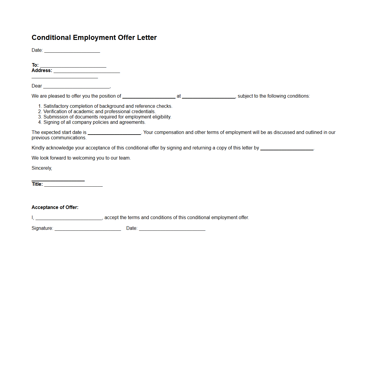 Conditional Employment Offer Letter Format