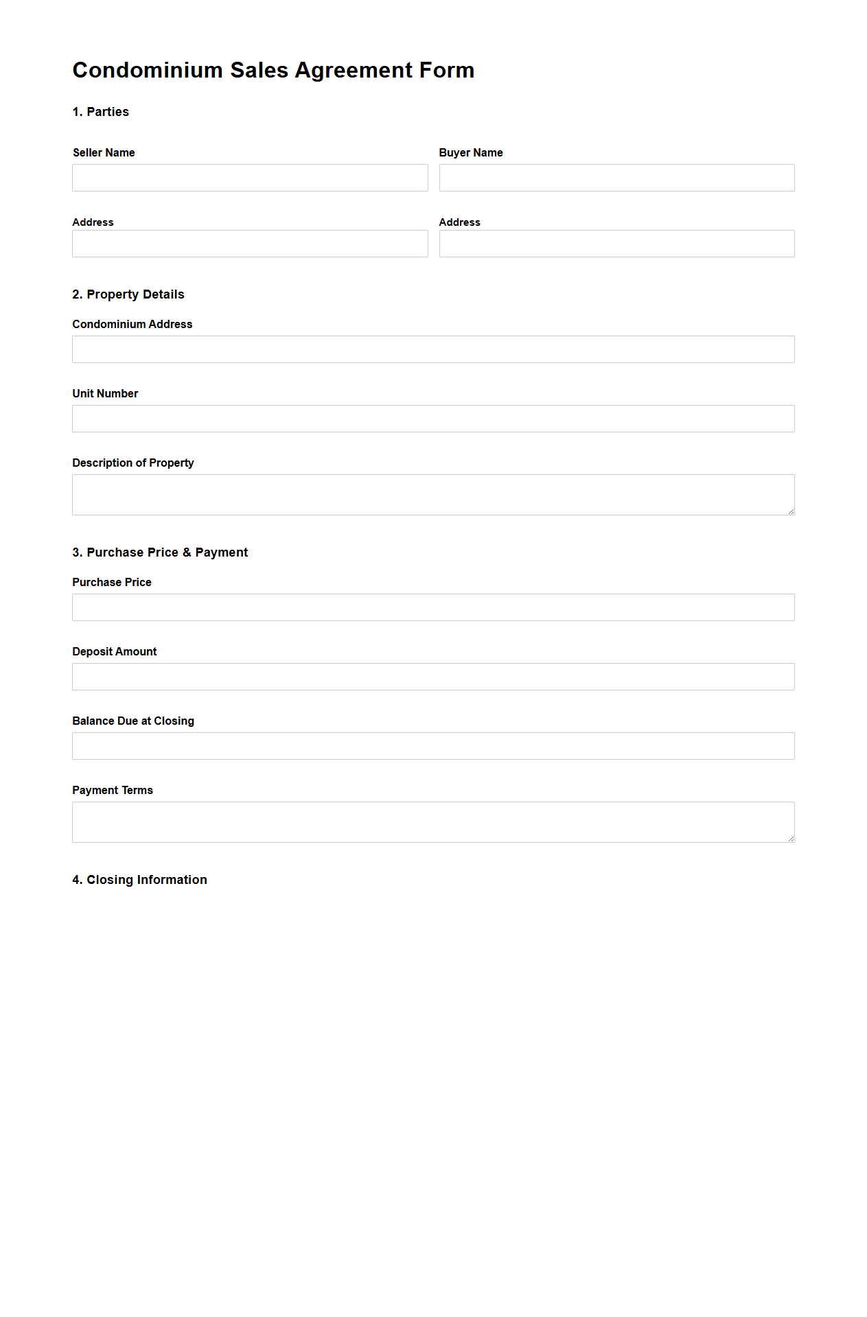 Condominium Sales Agreement Form