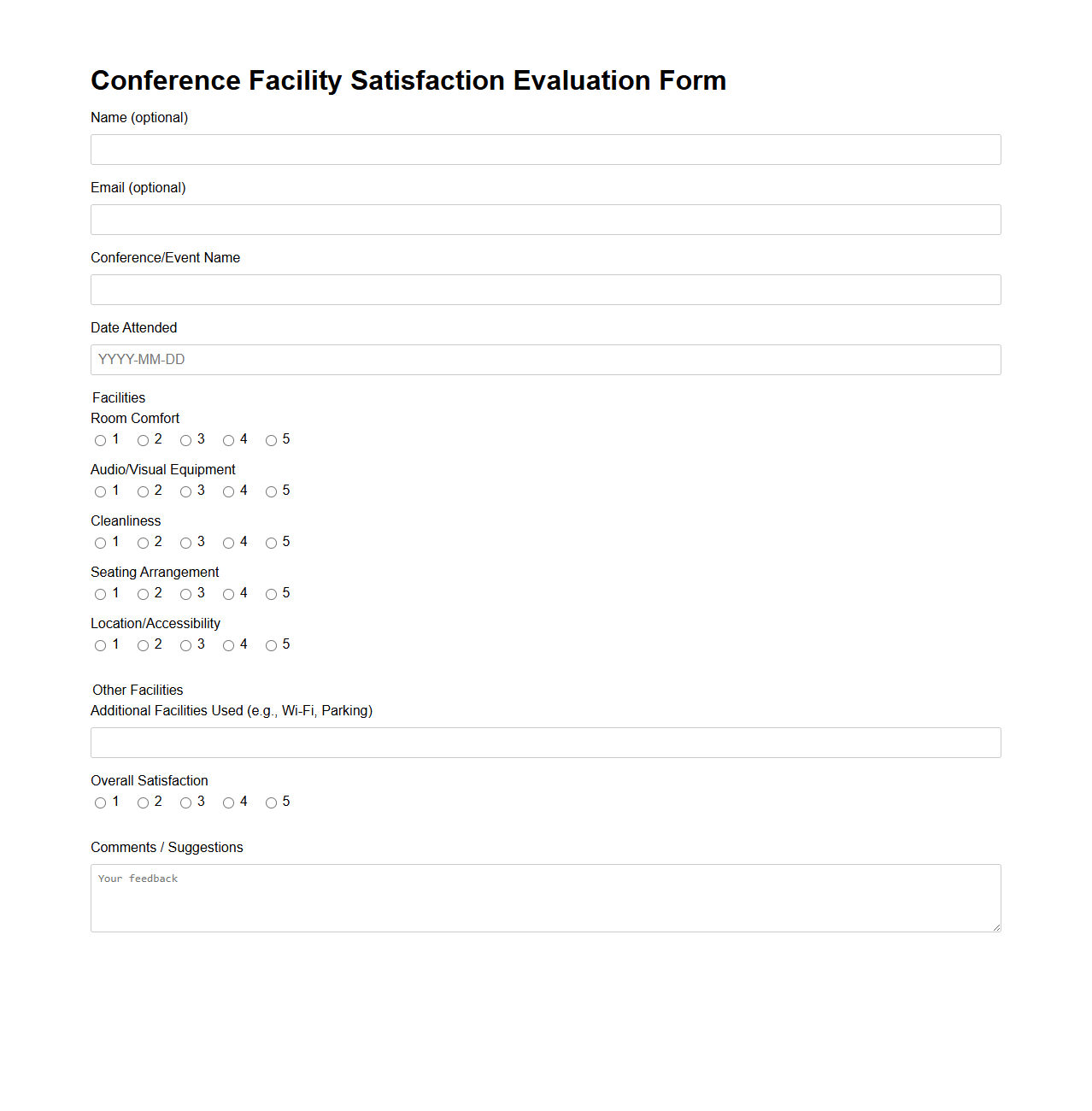 Conference Facility Satisfaction Evaluation Form