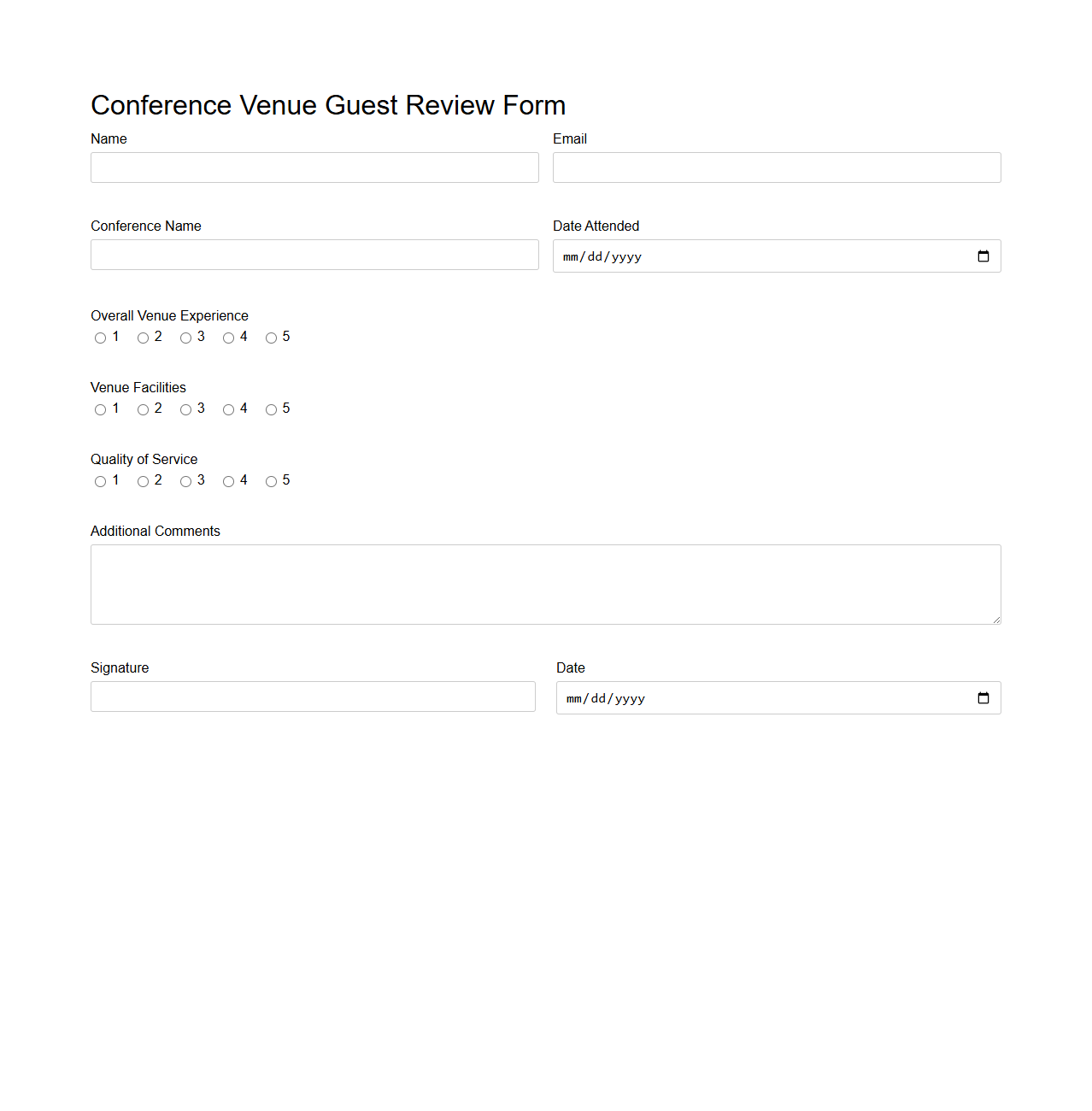 Conference Venue Guest Review Form