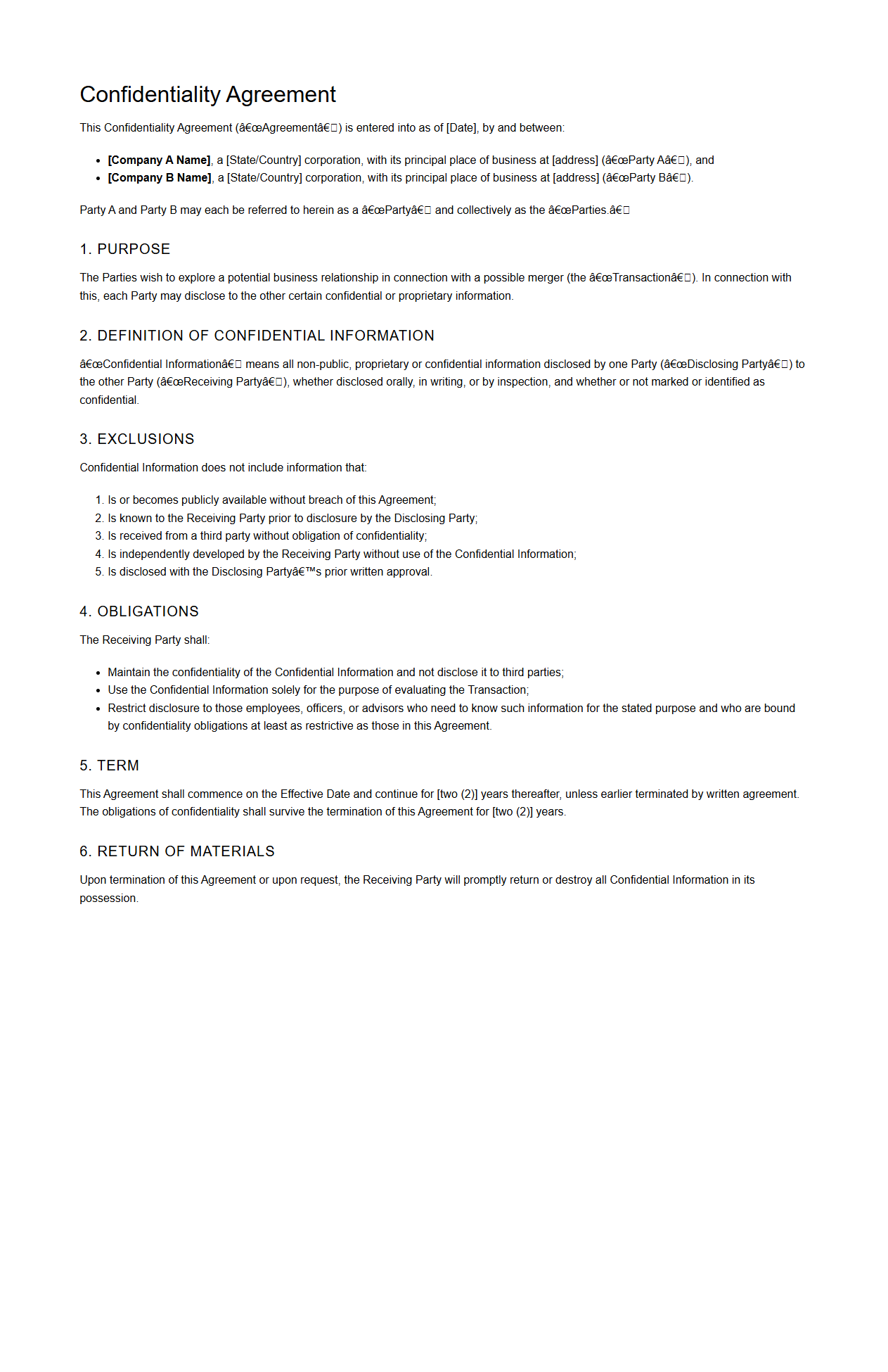 Confidentiality Agreement Template for Merger Negotiations