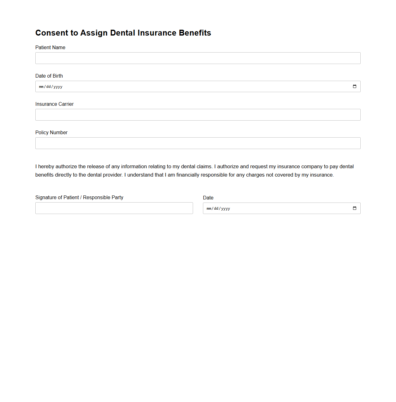 Consent to Assign Dental Insurance Benefits Form