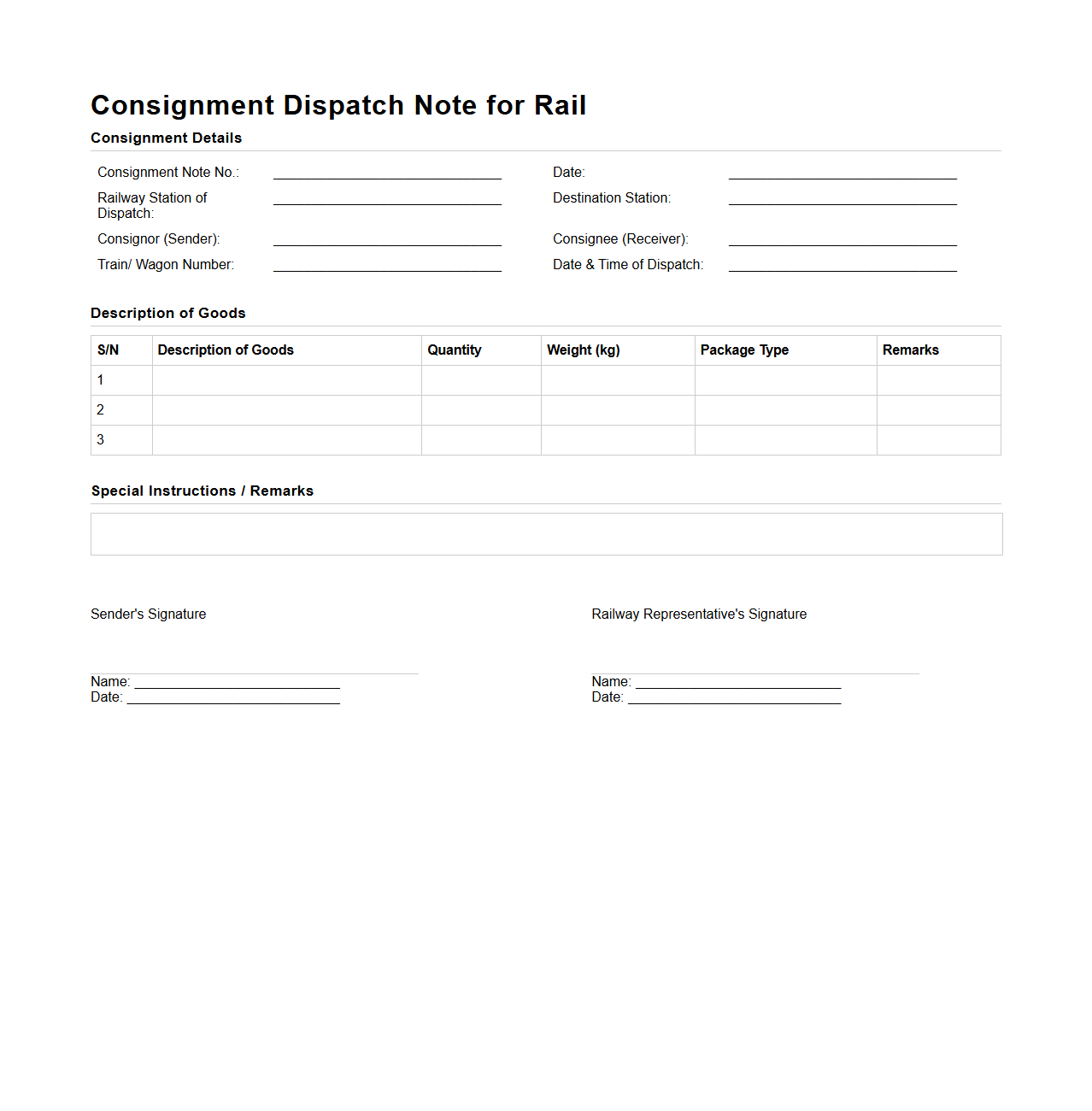 Consignment Dispatch Note for Rail