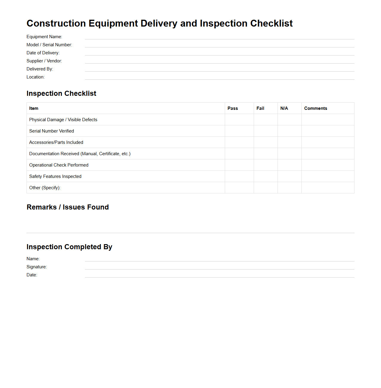 Construction Equipment Delivery and Inspection Checklist