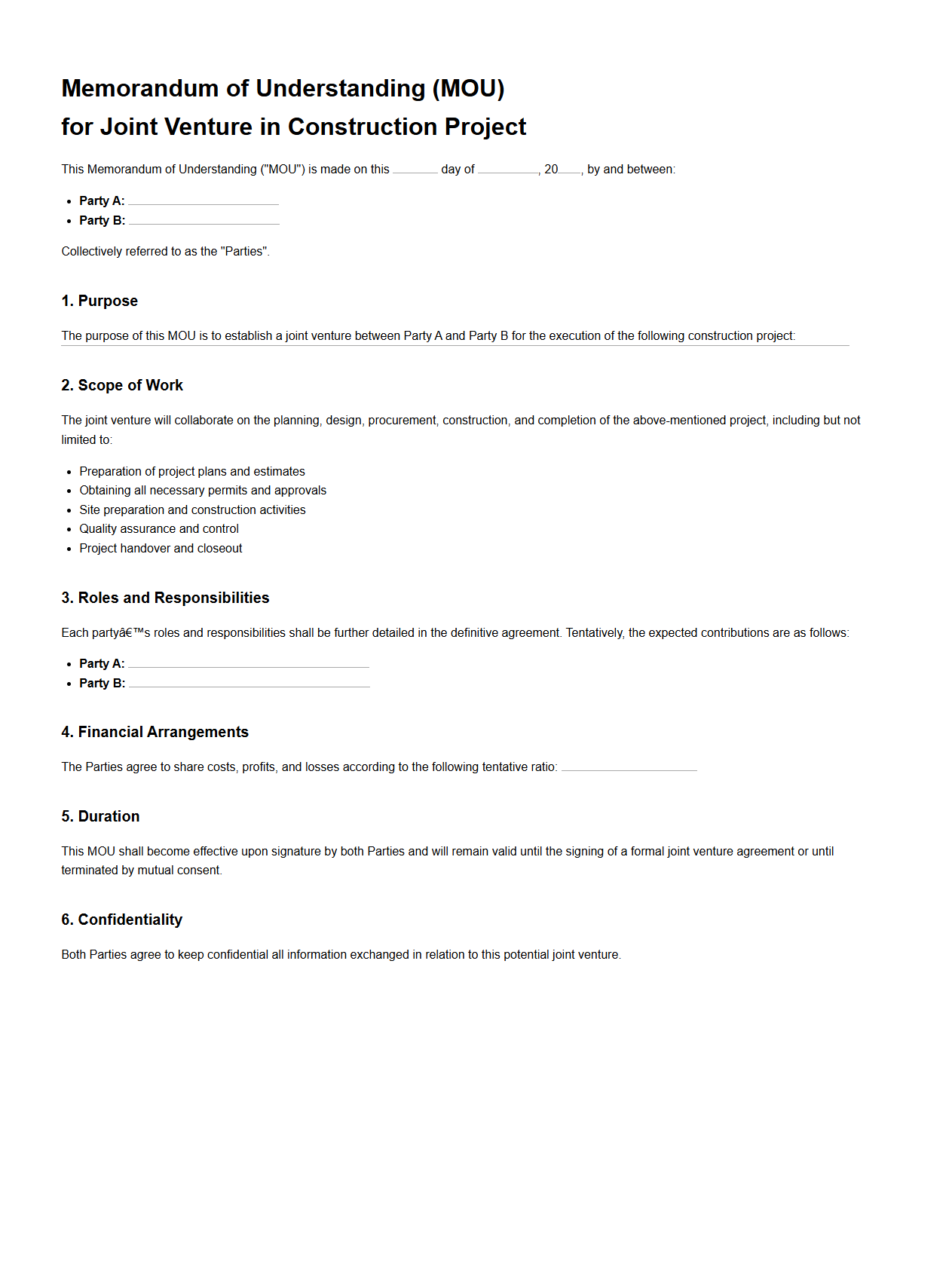 Construction Project MOU Example for Joint Ventures