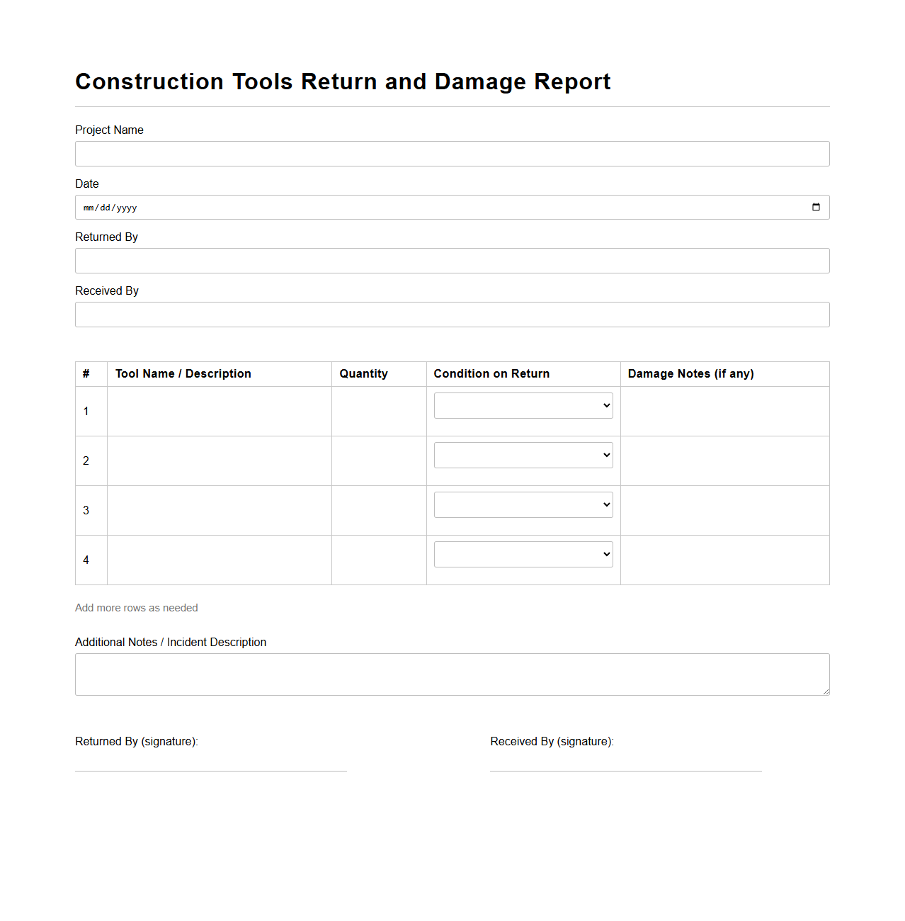 Construction Tools Return and Damage Report