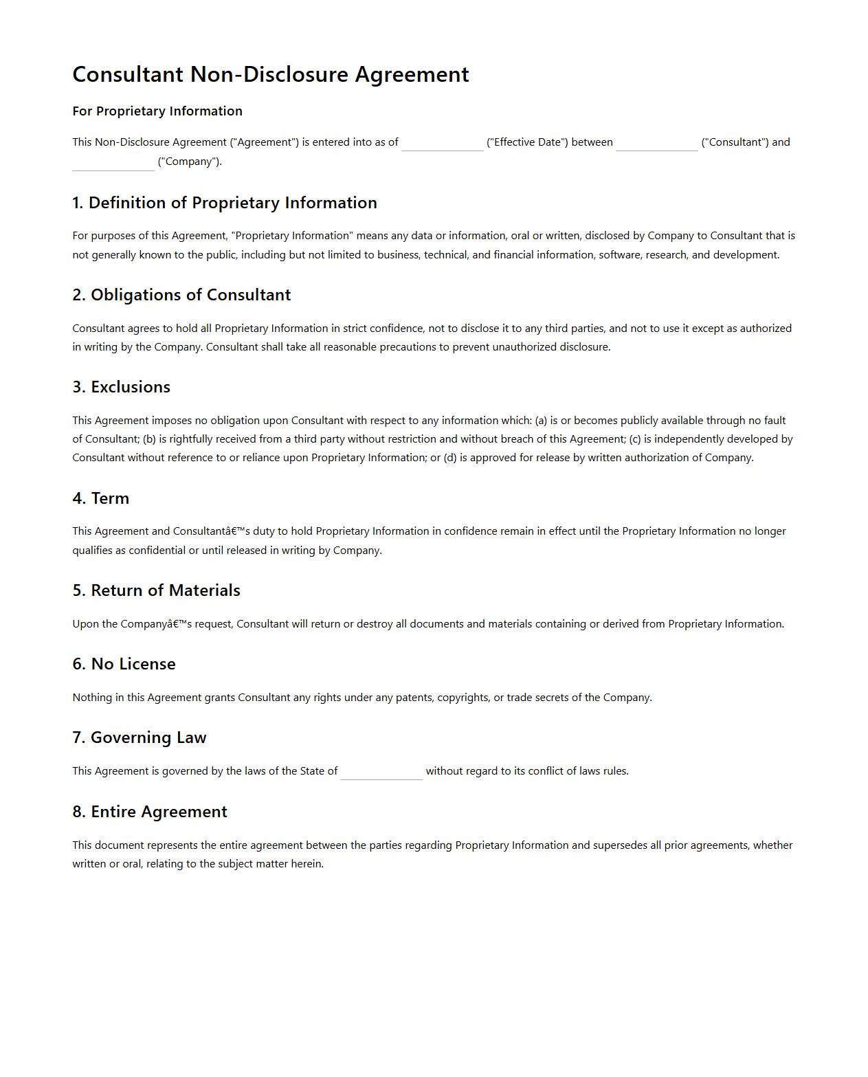 Consultant Non-Disclosure Agreement for Proprietary Information
