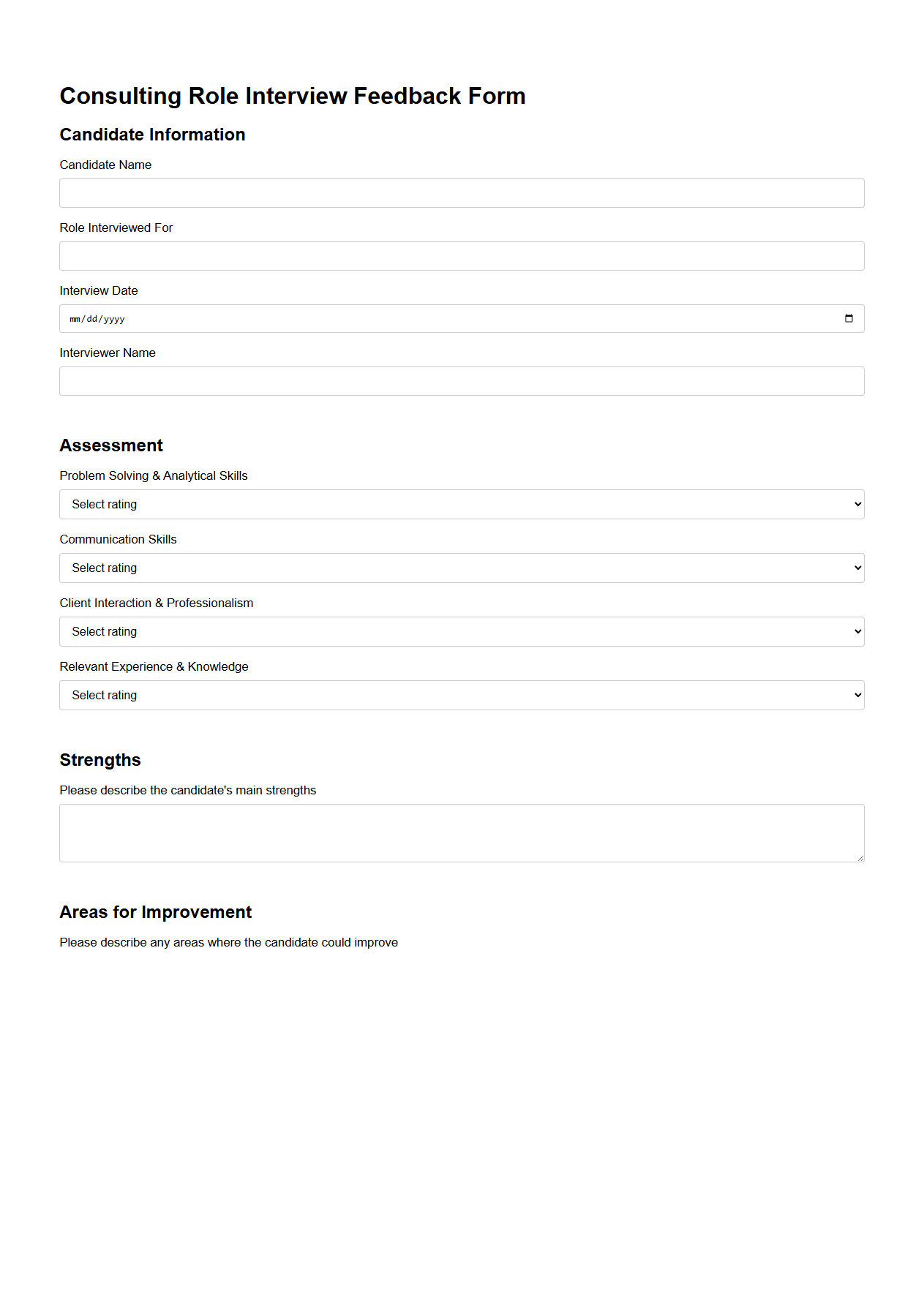 Consulting Role Interview Feedback Form Template