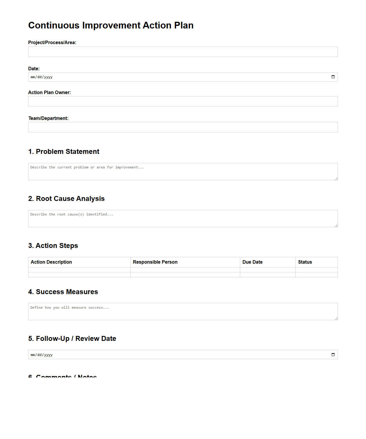 Continuous Improvement Action Plan Document Template