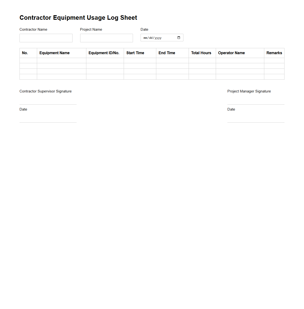 Contractor Equipment Usage Log Sheet