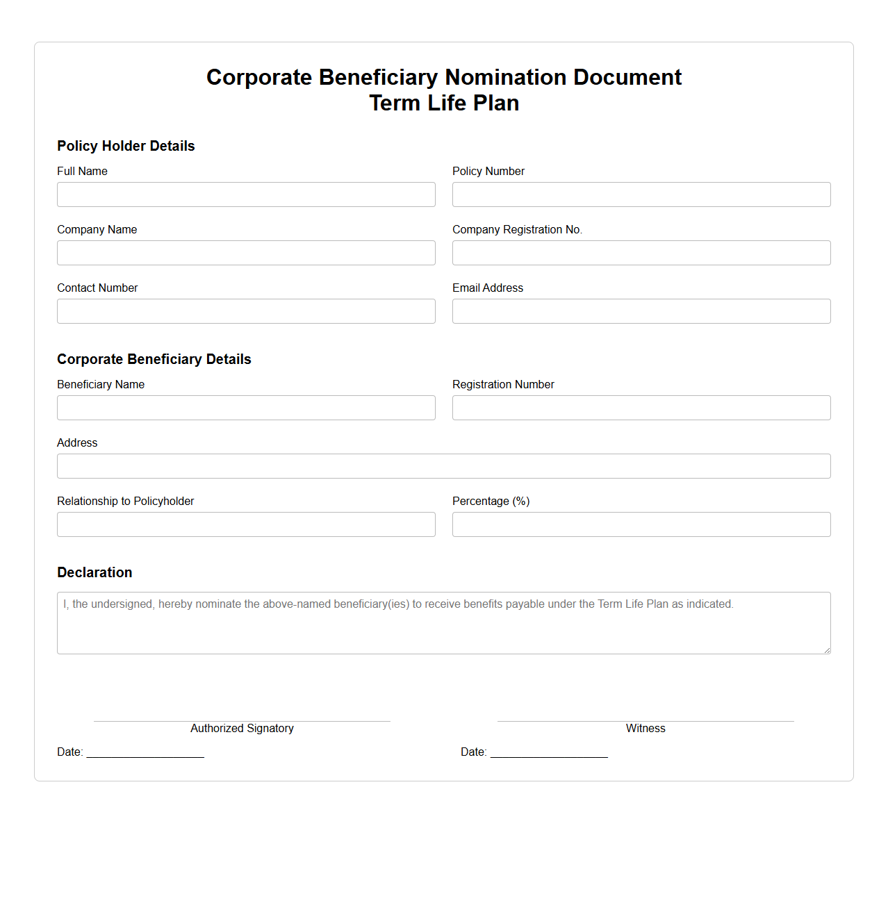 Corporate Beneficiary Nomination Document for Term Life Plan