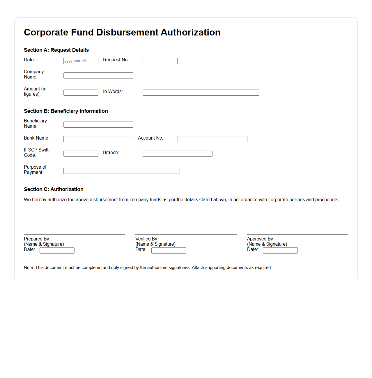 Corporate Fund Disbursement Authorization