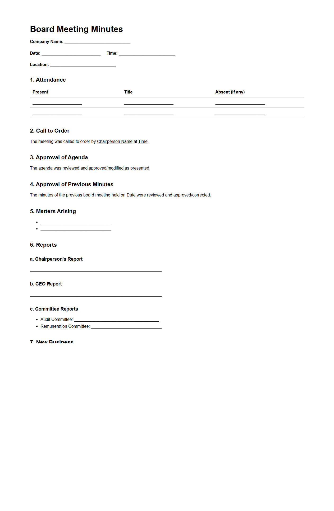 Corporate Governance Board Meeting Minutes Example