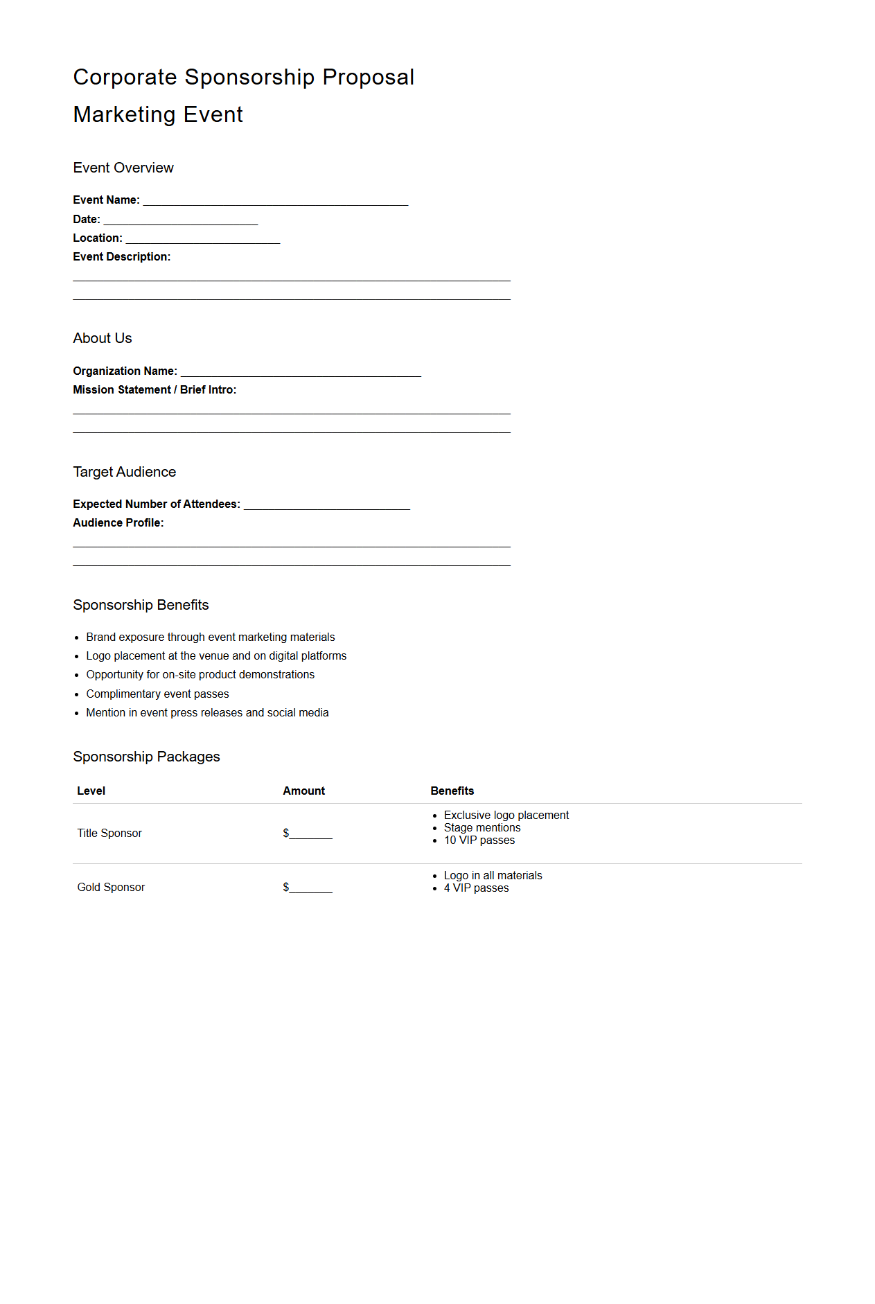 Corporate Sponsorship Proposal Template for Marketing Events