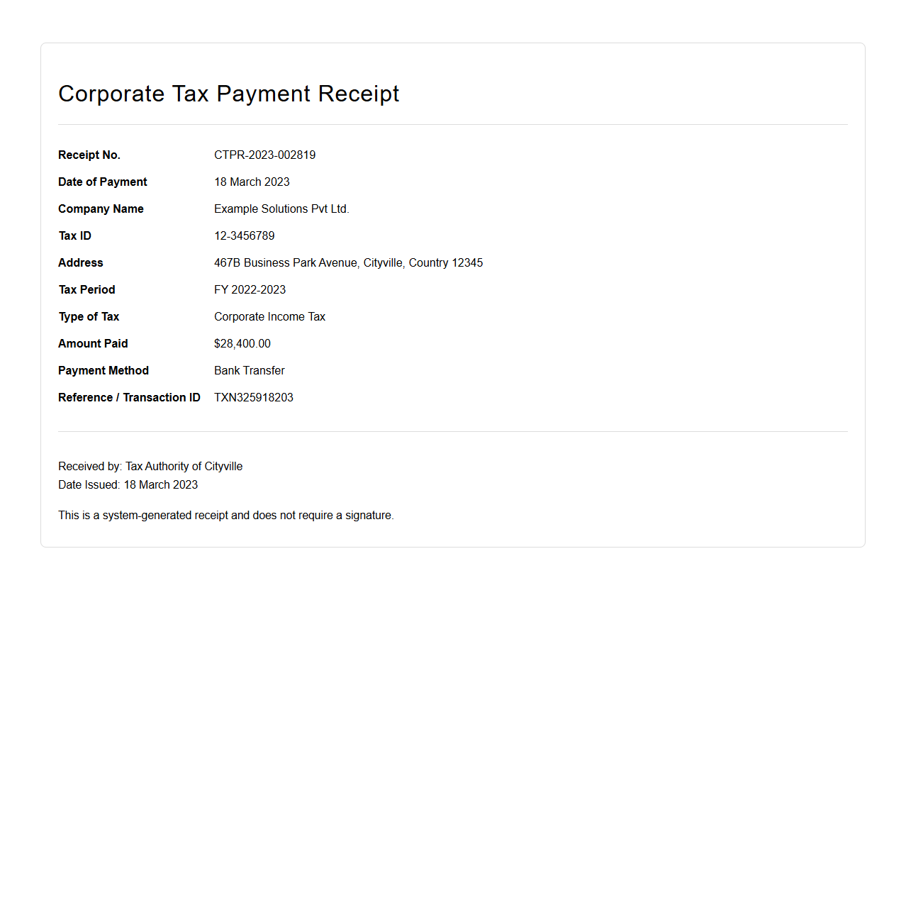 Corporate Tax Payment Receipt Example