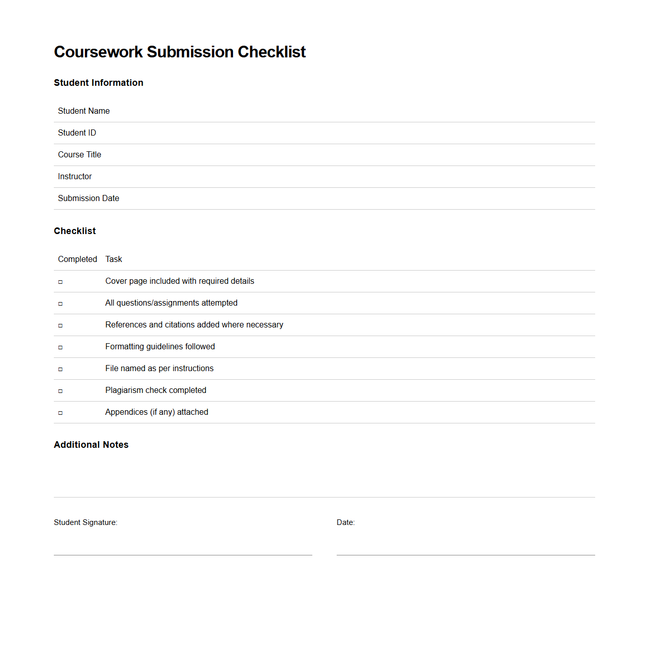 Coursework Submission Checklist Template