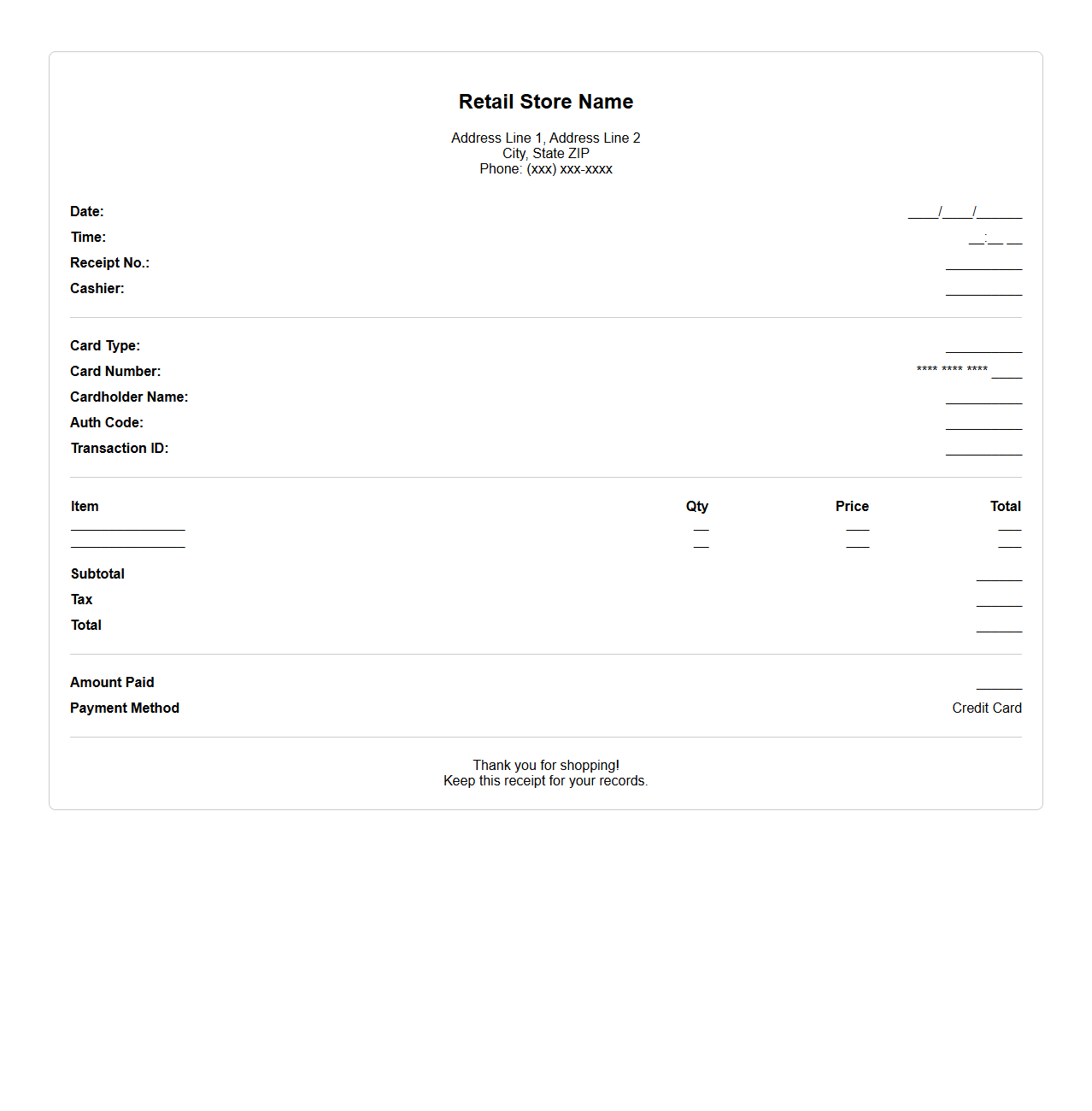 Credit Card Transaction Receipt Format for Retail