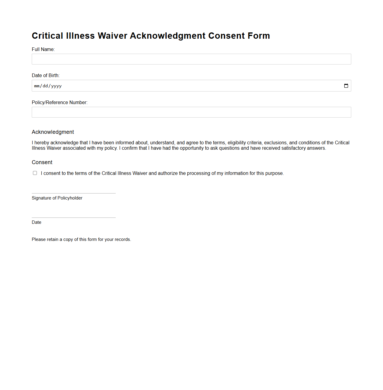 Critical Illness Waiver Acknowledgment Consent Form