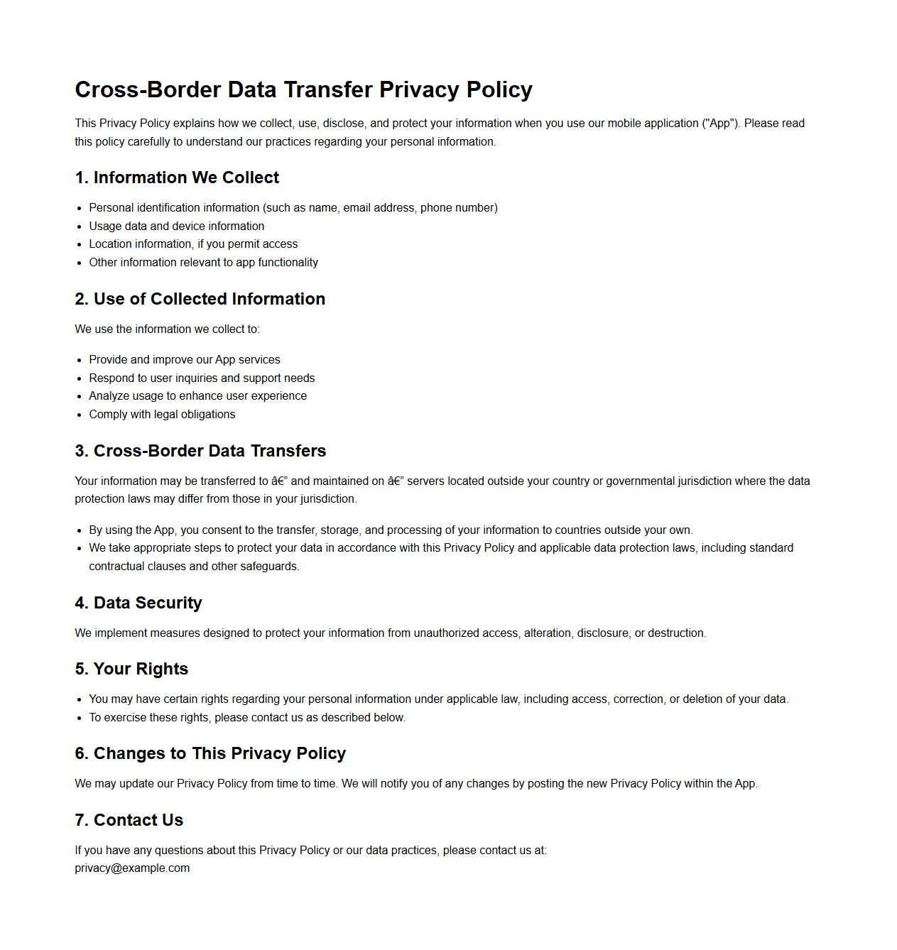 Cross-Border Data Transfer Privacy Policy Example for Mobile Apps