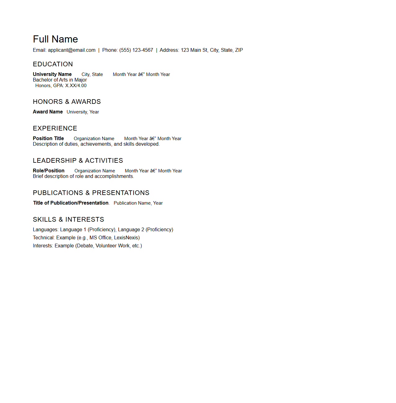 Curriculum Vitae Structure for Law School Applicants