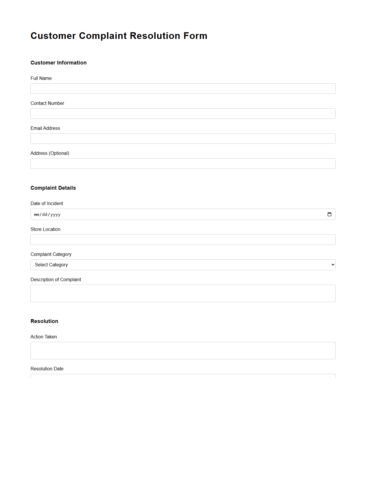 Customer Complaint Resolution Form for Retail Outlets