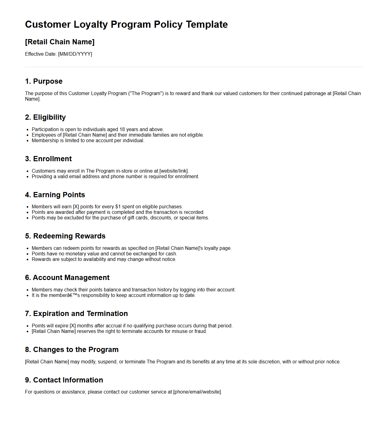 Customer Loyalty Program Policy Template for Retail Chains