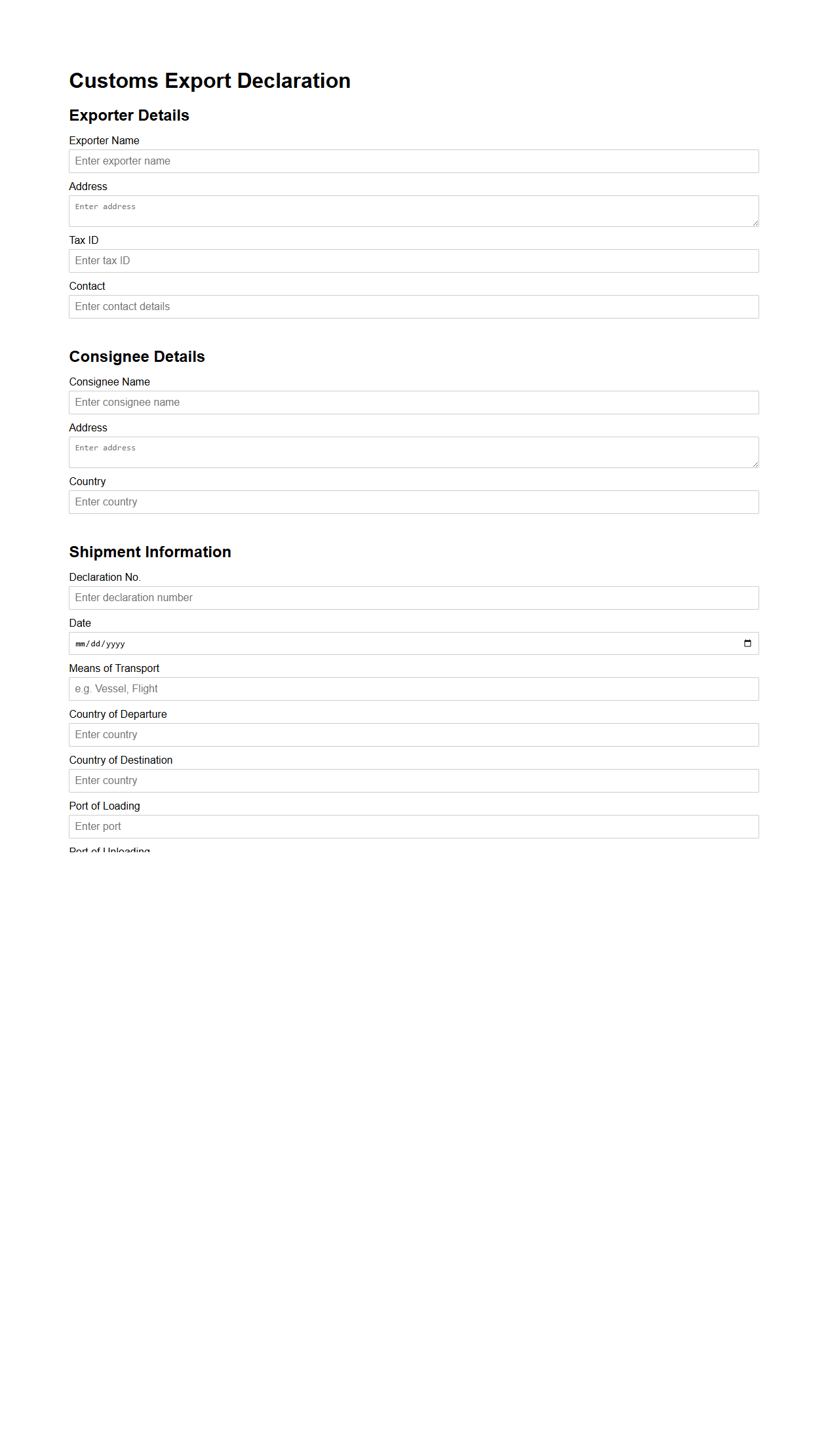 Customs Export Declaration Sample for Goods Movement