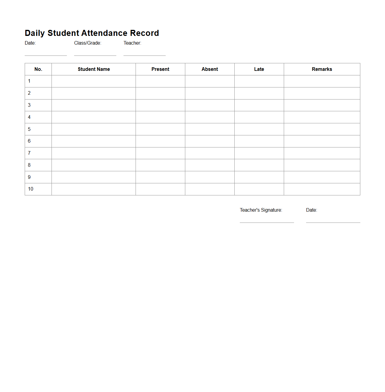 Daily Student Attendance Record Template