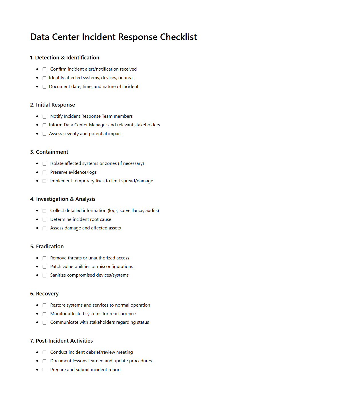 Data Center Incident Response Checklist