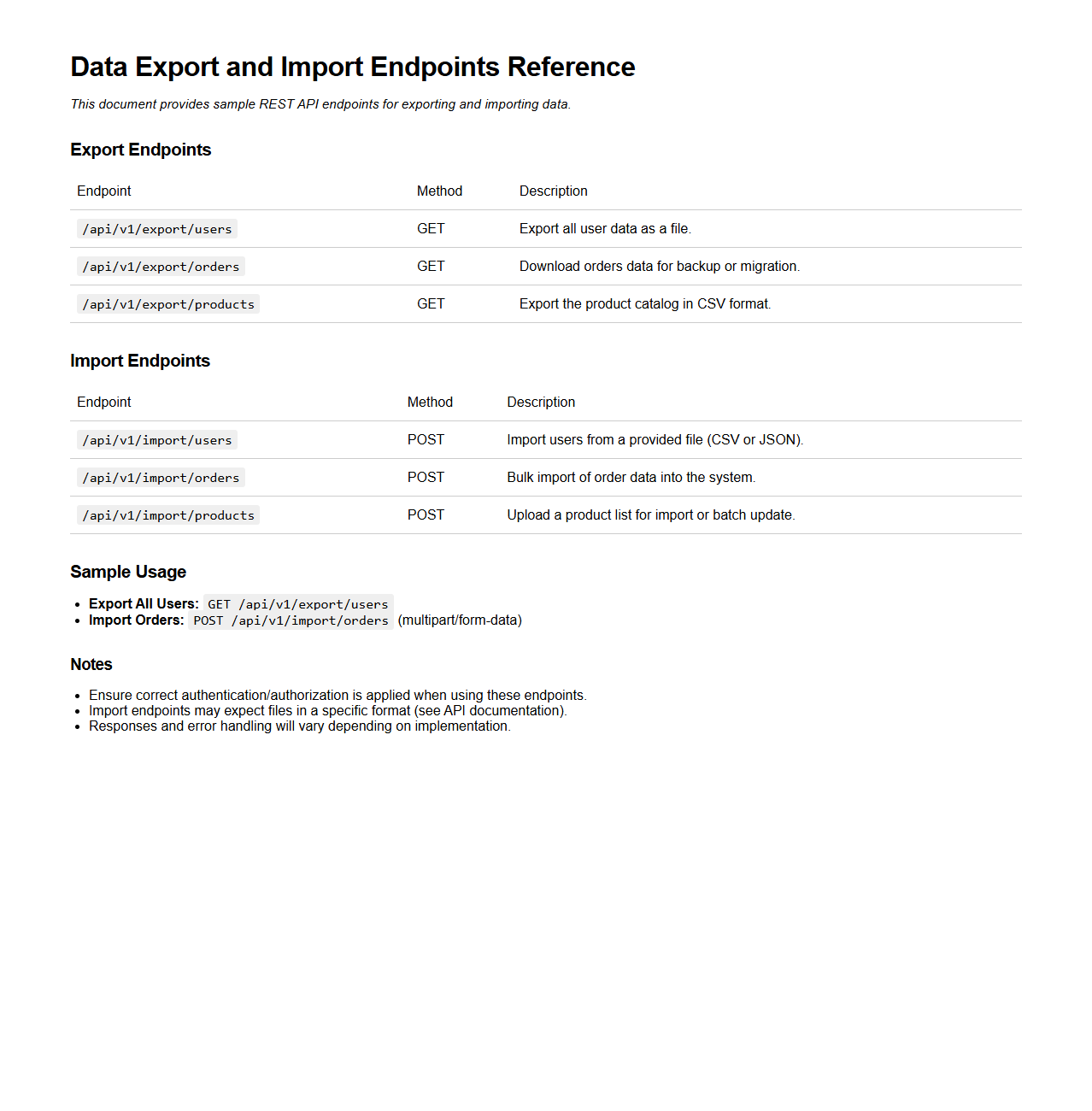 Data Export and Import Endpoints Reference