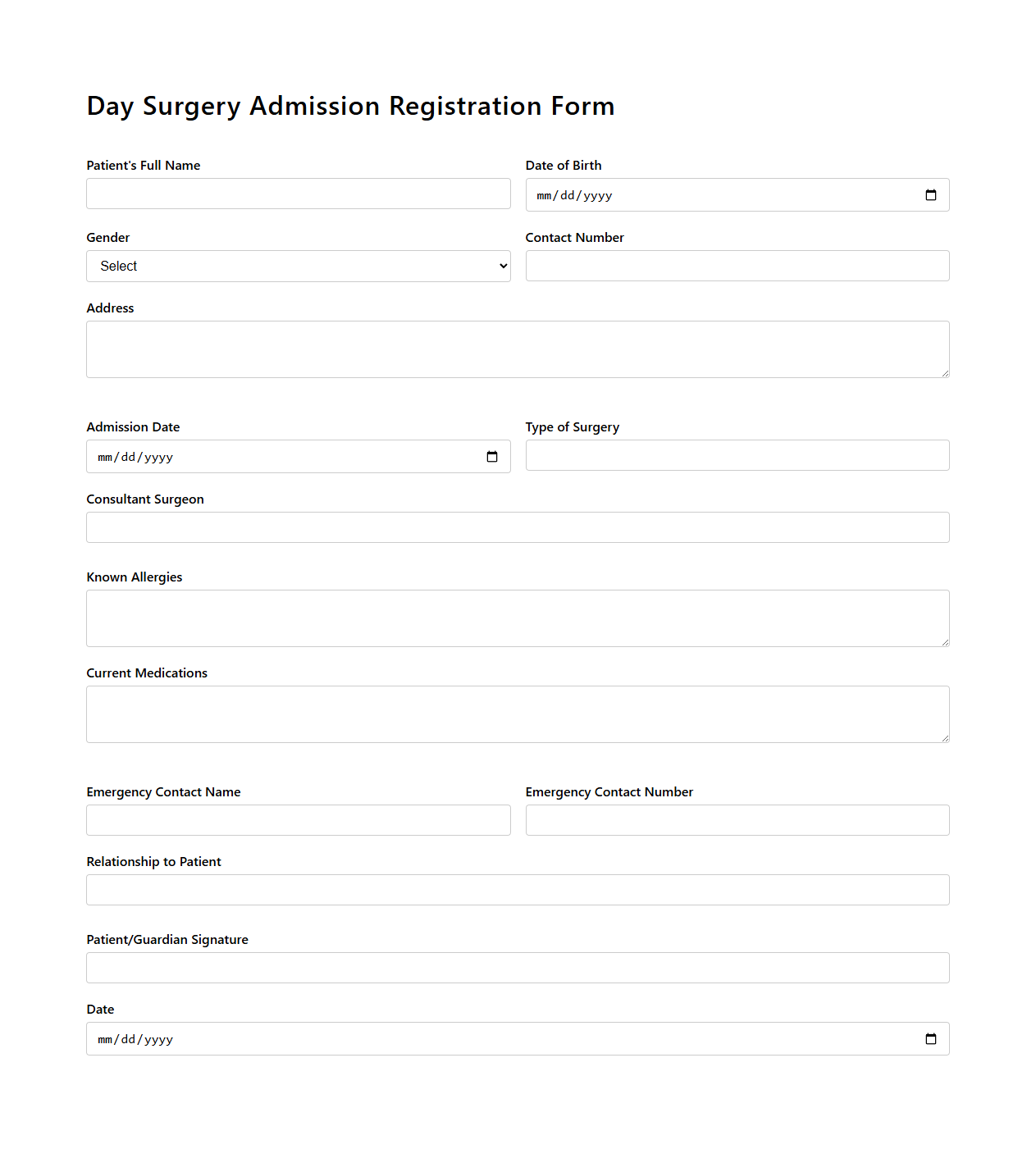 Day Surgery Admission Registration Form Sample