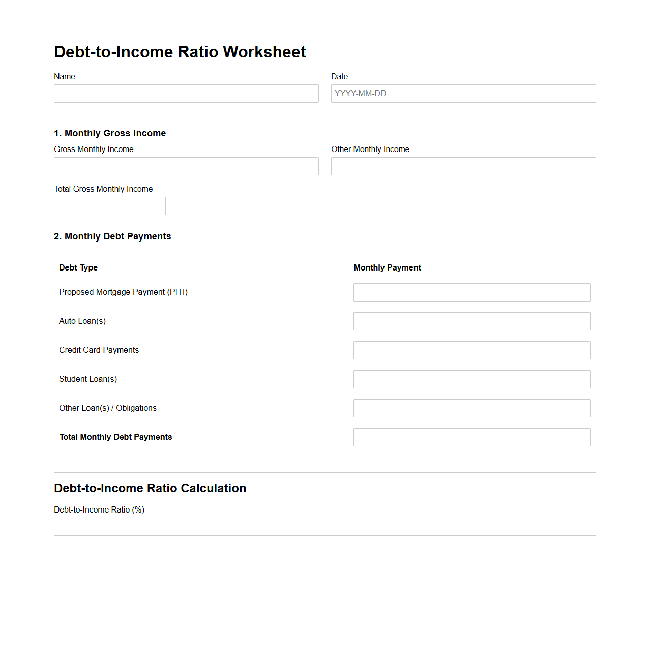 Debt-to-Income Ratio Worksheet for Mortgage Assessment