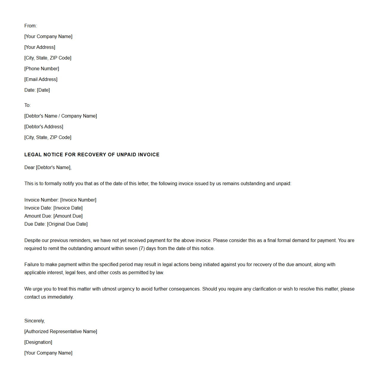 Debt Recovery Legal Notice for Unpaid Invoice