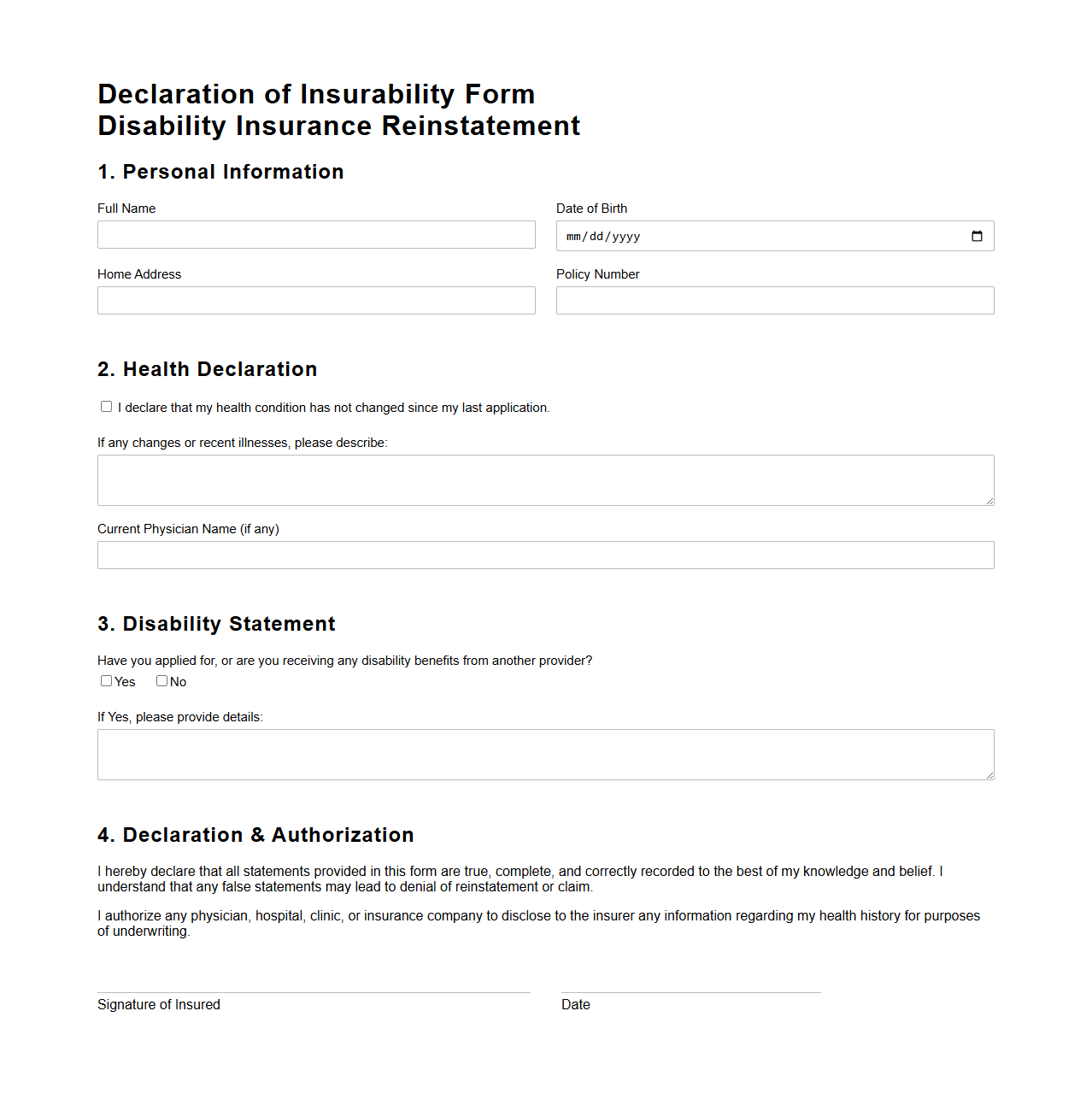 Declaration of Insurability Form for Disability Insurance Reinstatement
