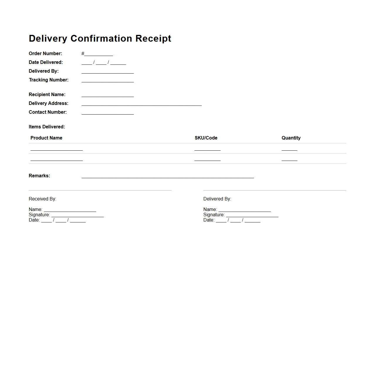 Delivery Confirmation Receipt Template for E-commerce